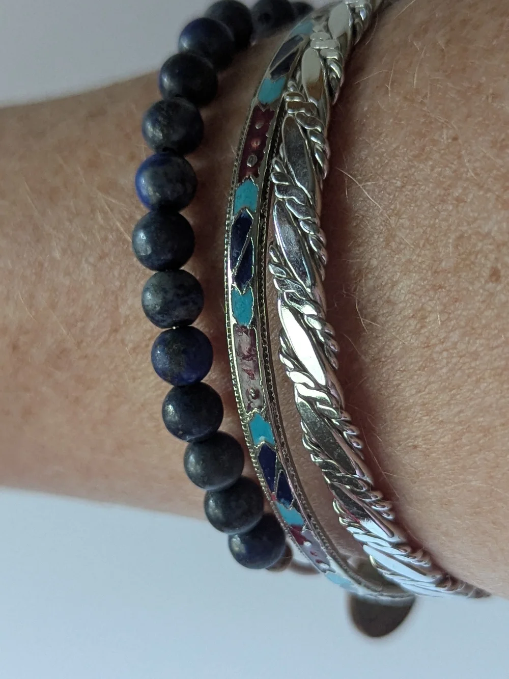 Silvertone and Blue Beaded Stackable Bracelet Set